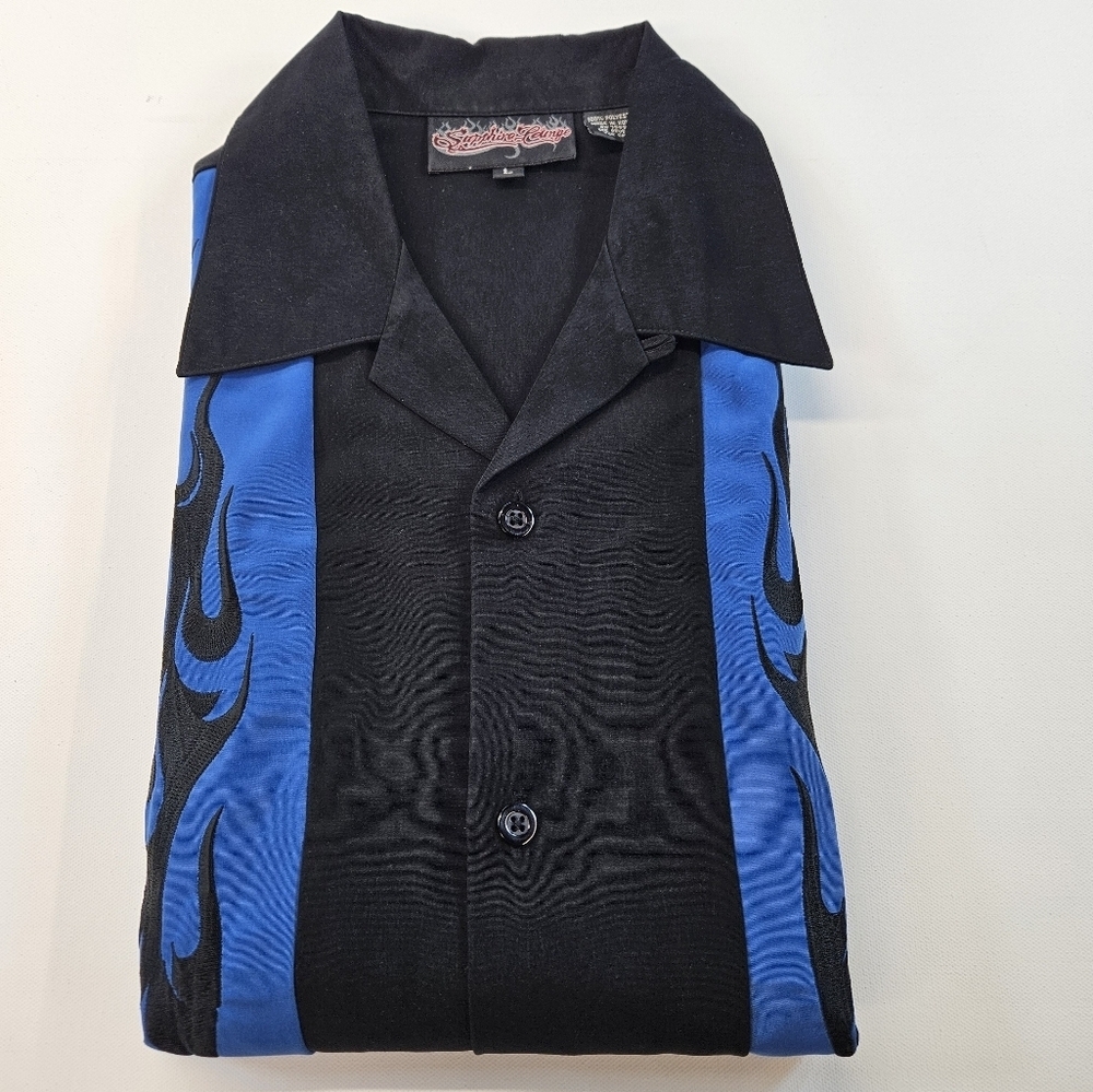 Sapphire Lounge Vintage Flames Embroidered Polyester Black Blue Shirt Large